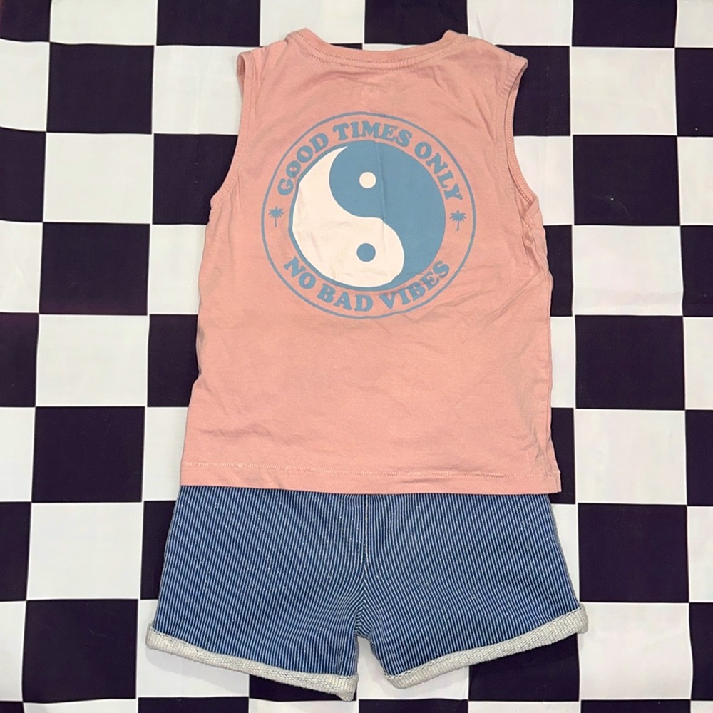 Cotton On Kids Boys “No Bad Days” Yin Yang Tank & Shorts Set Pink & Blue Set 3-4